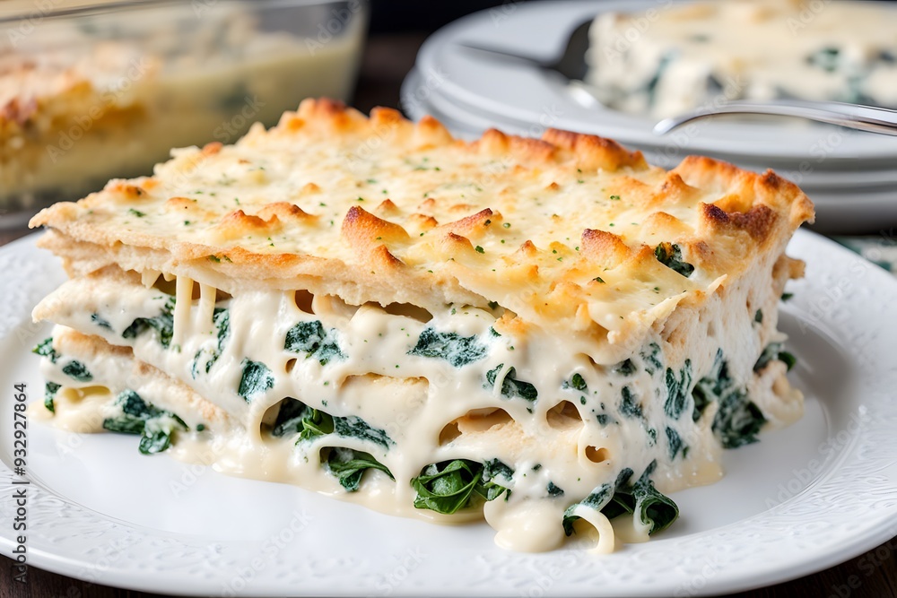 Chicken alfredo lasagna with layers of creamy alfredo sauce shredded chicken spinach and mozzarel cheese, Ai Generated Chicken alfredo lasagna with layers of creamy alfredo sauce shredded chicken spinach and mozzarel cheese, Ai Generated
