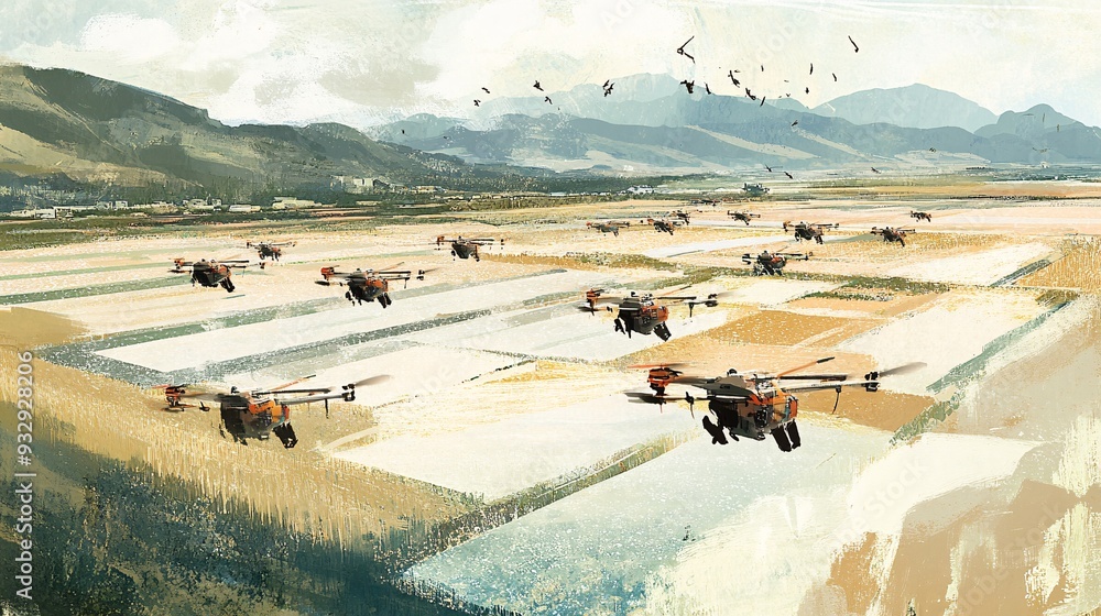 Obraz premium An illustration of a fleet of drones working together to monitor and manage a large agricultural operation. The drones are performing various tasks, such as crop spraying, soil analysis, and plant