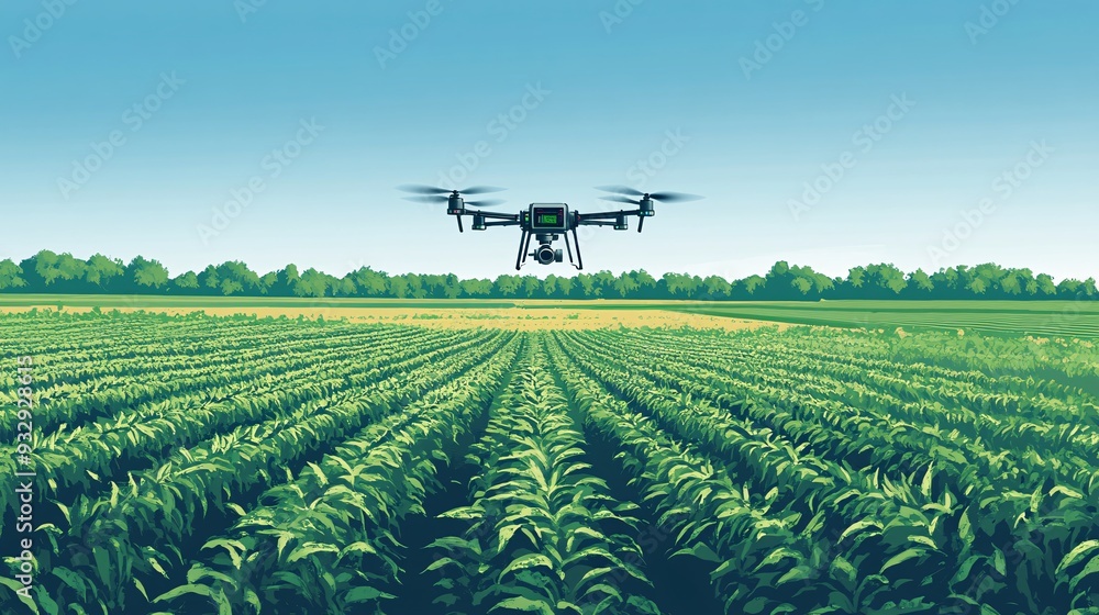 An illustration of a drone equipped with a camera and sensors, flying over a large field of crops. The drone captures detailed images and data on plant health, displayed on a digital screen in the An illustration of a drone equipped with a camera and sensors, flying over a large field of crops. The drone captures detailed images and data on plant health, displayed on a digital screen in the