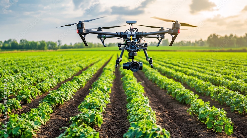 Obraz premium An illustration of a drone using precision agriculture technology to monitor crop growth in a large field. The drone hovers above the crops, capturing detailed images and data on plant health. The