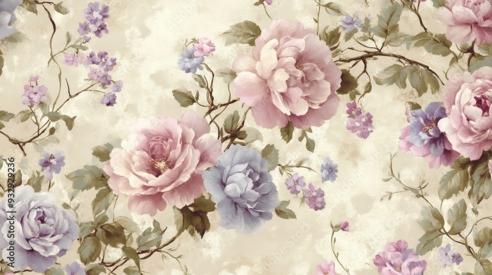 A beautiful floral pattern featuring large roses in shades of pink and blue, intertwined with delicate smaller blossoms against a soft, light background A beautiful floral pattern featuring large roses in shades of pink and blue, intertwined with delicate smaller blossoms against a soft, light background
