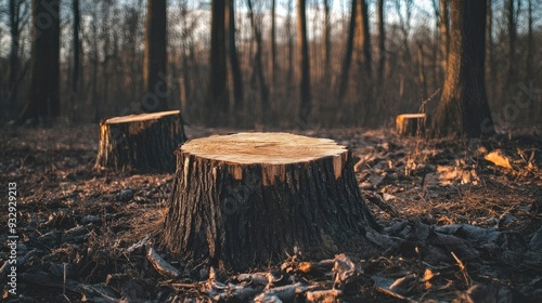 Forest with Cut Down Tree Stump, Surrounded by Barren Terrain