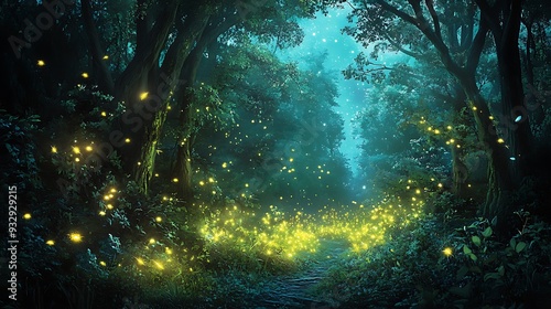 Enchanted Forest Path with Fireflies at Night