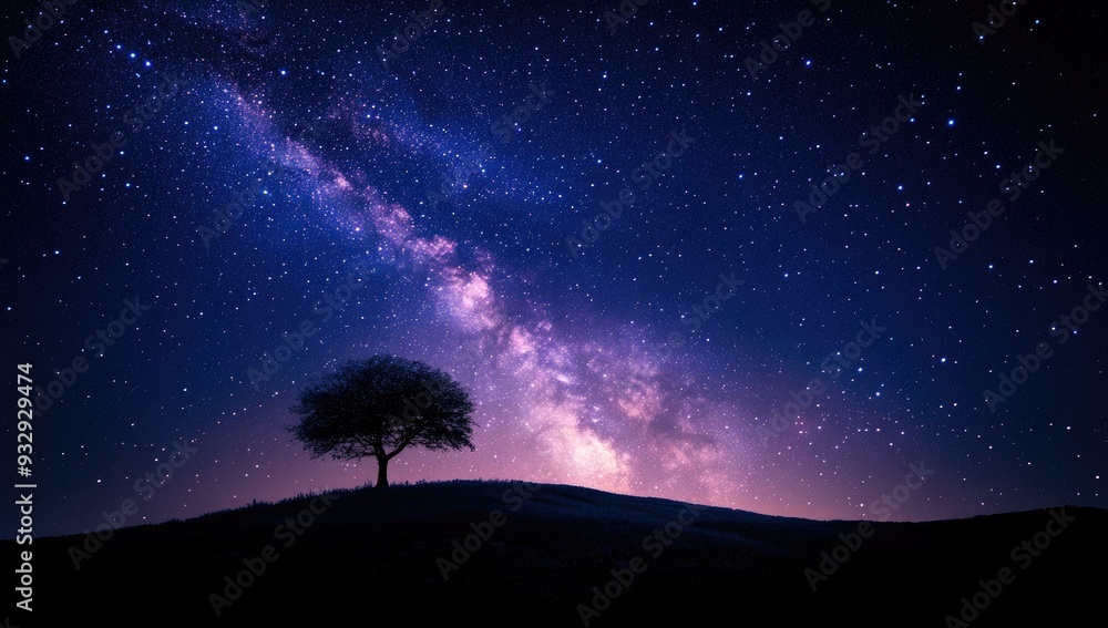Fototapeta premium Silhouetted tree against starry night sky.
