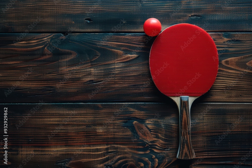 Top view of red ping pong paddle on wooden surface Top view of red ping pong paddle on wooden surface