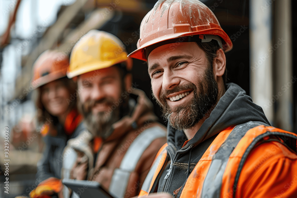 Construction Workers Smiling On Site Wearing Safety Helmets And Reflective Vests Construction Workers Smiling On Site Wearing Safety Helmets And Reflective Vests