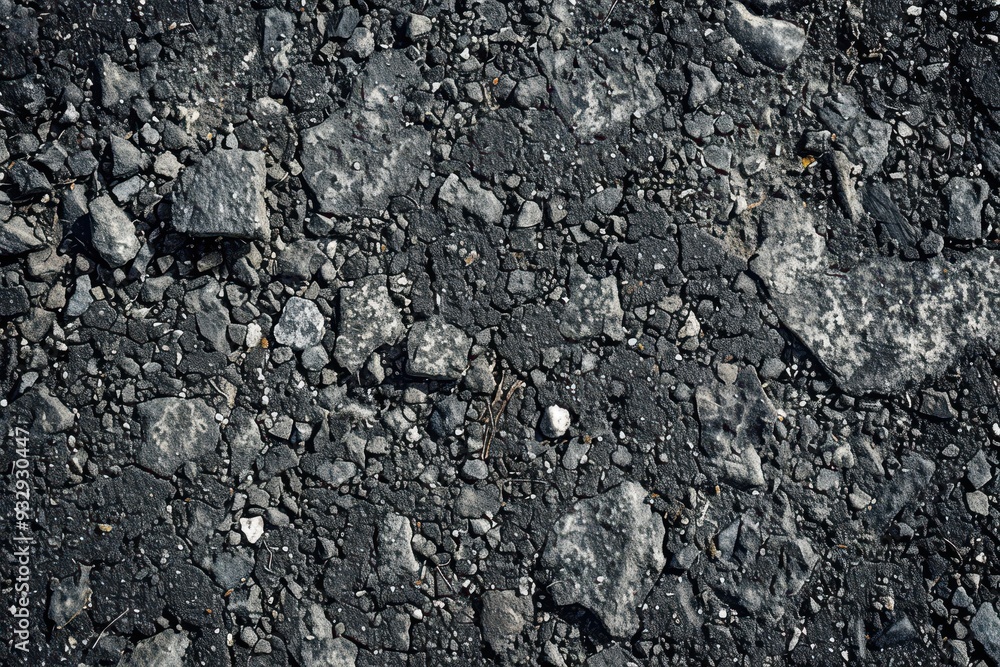 Fototapeta premium Top view of rough asphalt surface grainy grey tarmac background
