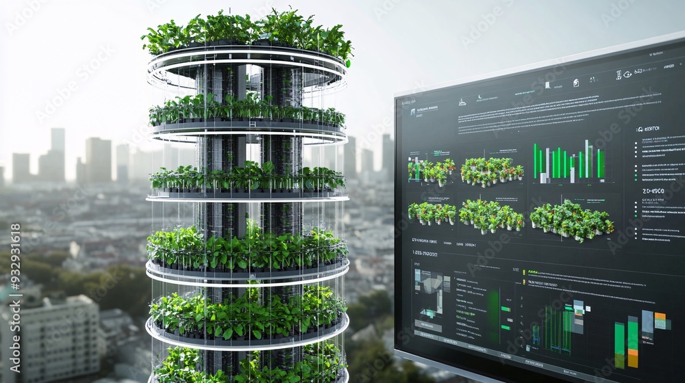 An illustration of a vertical farming tower positioned in an urban ...