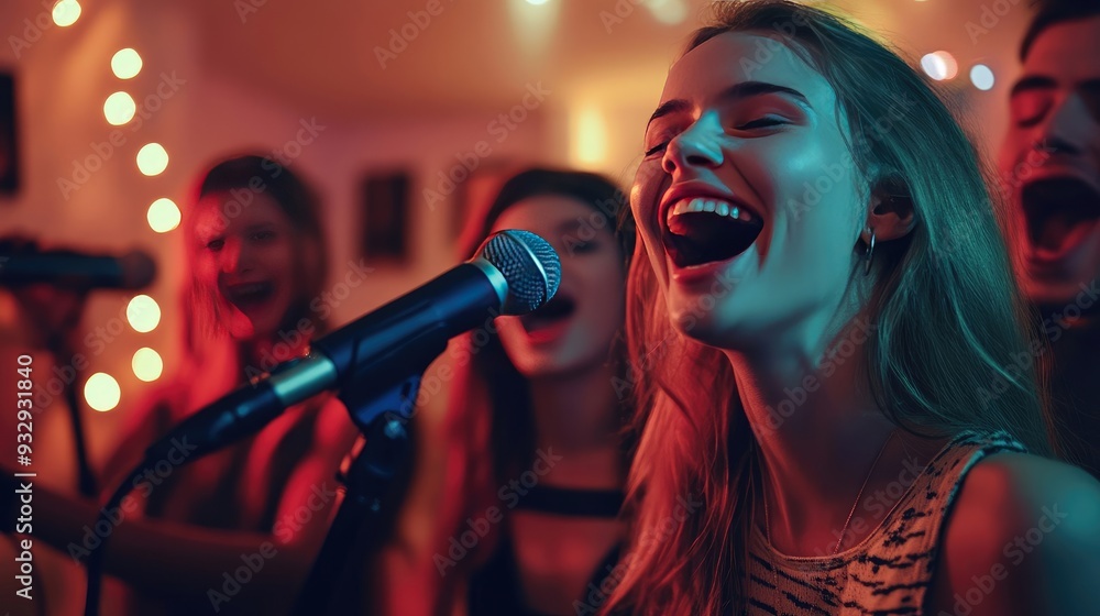 Group of Friends Having Fun Singing Karaoke at Home with a Microphone Group of Friends Having Fun Singing Karaoke at Home with a Microphone