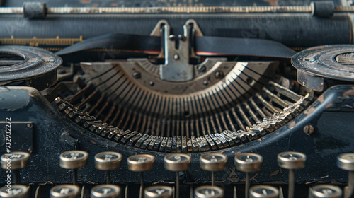 Detailed view of an old typewriter with a sheet of paper halfway typed, letters pressed into the page