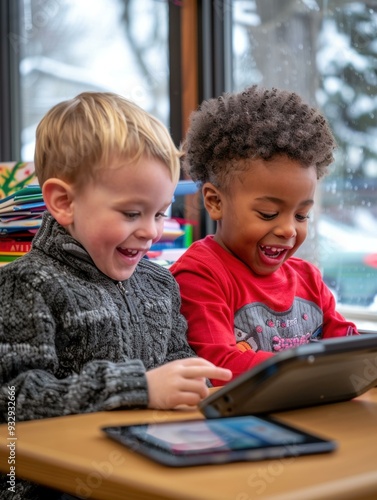 Two young children smiling while looking at a tablet. AI.