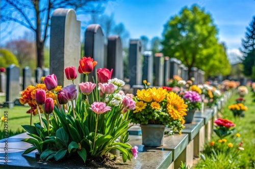 Wallpaper Mural Cemetery with Flowers under a Blue Sky: Peaceful Graveyard Scene with Blooming Floral Arrangement and Serene Clear Sky Background Torontodigital.ca
