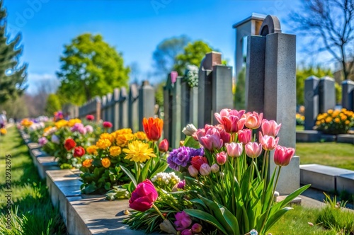 Wallpaper Mural Cemetery with Flowers under a Blue Sky: Peaceful Graveyard Scene with Blooming Floral Arrangement and Serene Clear Sky Background Torontodigital.ca