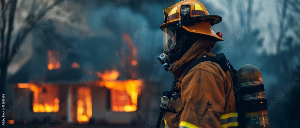 Firefighter in protective gear standing in front of burning house Firefighter in protective gear standing in front of burning house
