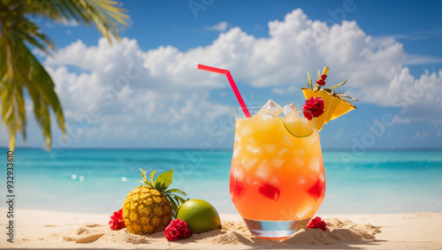 It's a tropical drink with blue liquid, pineapple, lime, and strawberry pieces in a tall glass, with a beach scene behind it.

