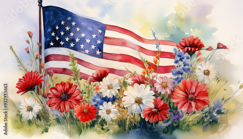 Watercolor American flag, patriotic florals, red, white and blue flowers. Memorial day. America, USA