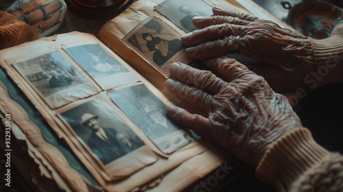 Detailed view of a pair of hands turning the page of a large photo album, memories captured in each image photo