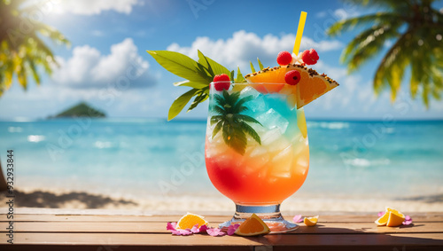 It's a tropical drink with blue liquid, pineapple, lime, and strawberry pieces in a tall glass, with a beach scene behind it.

