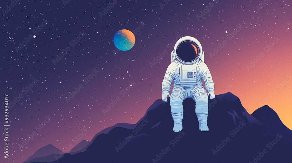 Astronaut on a Mountain, under a Starry Sky. Astronaut on a Mountain, under a Starry Sky.