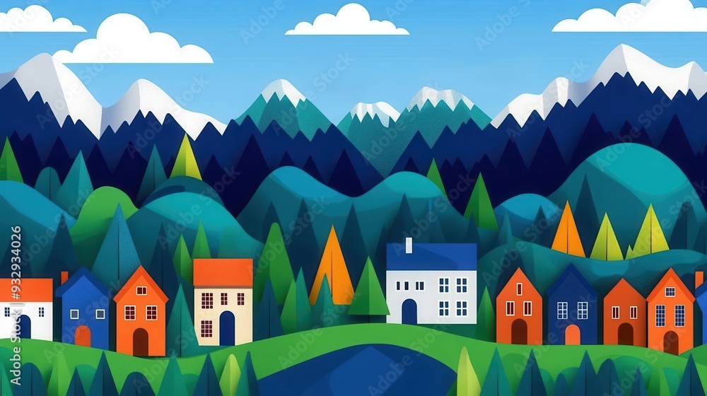 Digital landscape flat design top view virtual world theme cartoon drawing Complementary Color Scheme Digital landscape flat design top view virtual world theme cartoon drawing Complementary Color Scheme