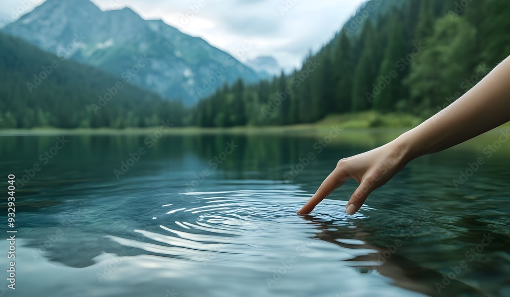 Fototapeta premium A hand touches the surface of a lake with a beautiful scenery in the background. A close-up photo shows a woman's finger touching still water,
