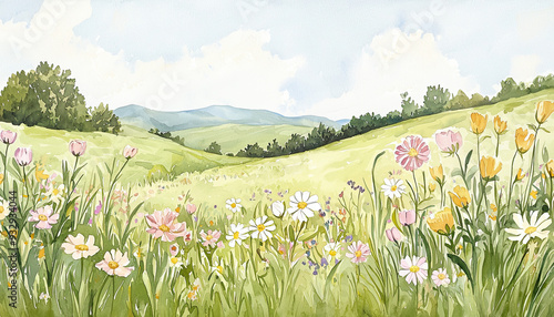 Wildflower meadow, vibrant colors, gentle breeze, rolling hills, Watercolor style