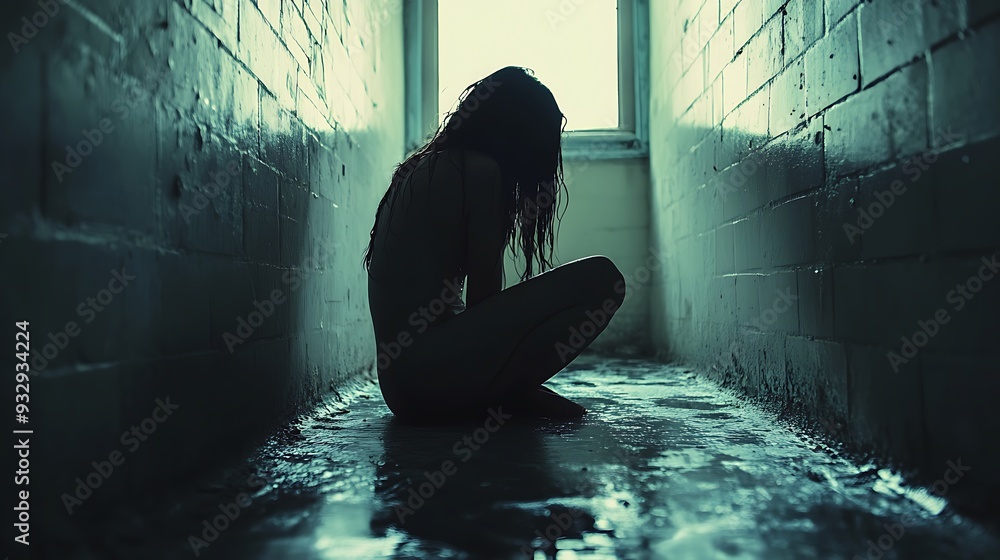 A woman in shadow, seated in a wet hallway, evoking a sense of mystery. A woman in shadow, seated in a wet hallway, evoking a sense of mystery.