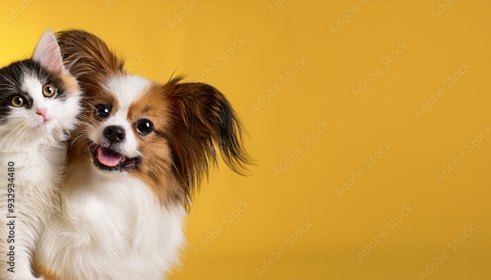 Fototapeta premium 仲良く一緒に座っているパピヨンの子犬と猫（Papillon puppy and cat sitting together friendly） 