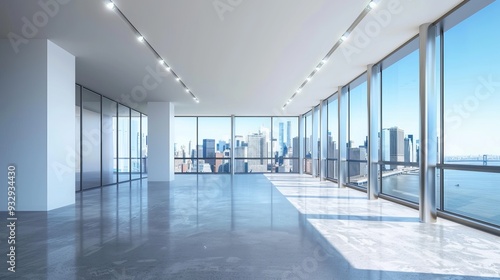 Front view modern empty office with panoramic skyline view bright daylight photo