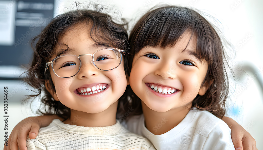 two child friends smiling, dental clinic setting, advertising photography isolated with white highlights, 