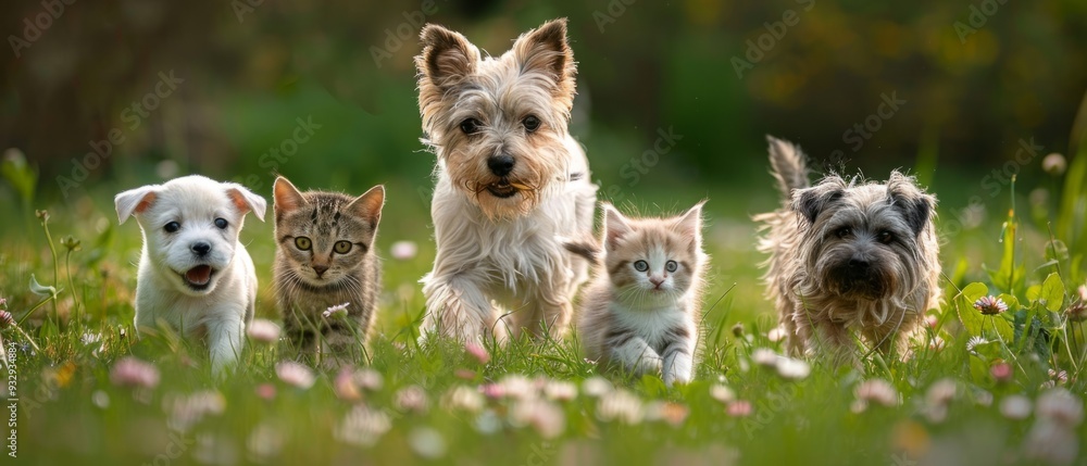 Group of happy pets cats and dogs walking together on the green grass at meadow Group of happy pets cats and dogs walking together on the green grass at meadow