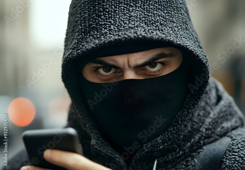 A thief wearing a black balaclava mask and hood on the street holding a smartphone, 