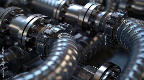 Fototapeta Naklejka Na Ścianę i Meble -  3D render of industrial hose clamps and fittings, detailed