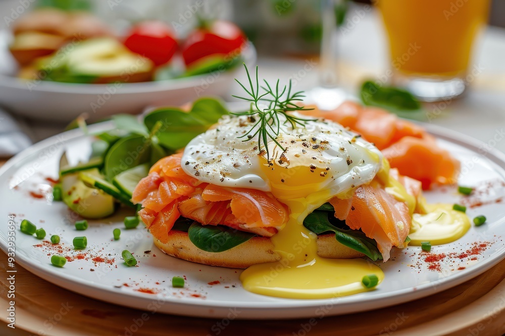 Traditional English muffin with ham poached eggs spinach avocado cheese Hollandaise sauce and potato hash Popular breakfast choice Traditional English muffin with ham poached eggs spinach avocado cheese Hollandaise sauce and potato hash Popular breakfast choice