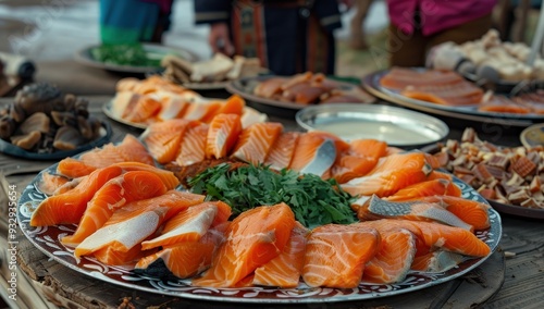 Traditional dish of indigenous people from Russian Far East sun dried Pacific salmon from Sea of Okhotsk coast in Khabarovsk Krai photo