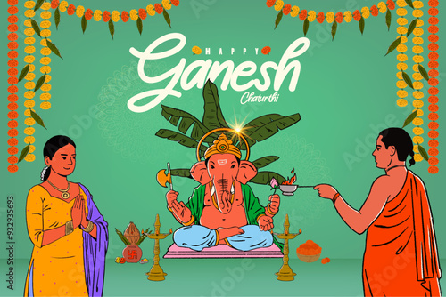 Happy Ganesh Chaturthi, Ganesha vector illustration and Indian people celebrating vector, sketch, and illustration for social media banner design template  