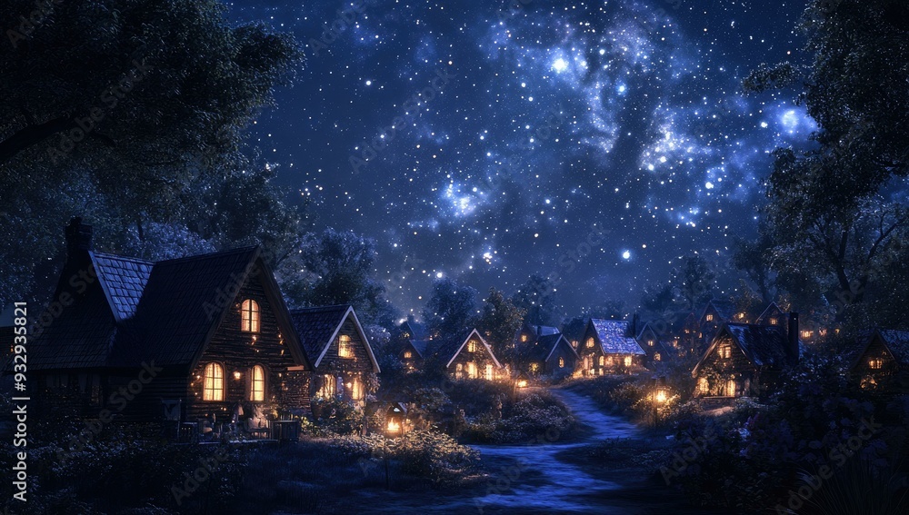 Night sky over a village with houses. Night sky over a village with houses.