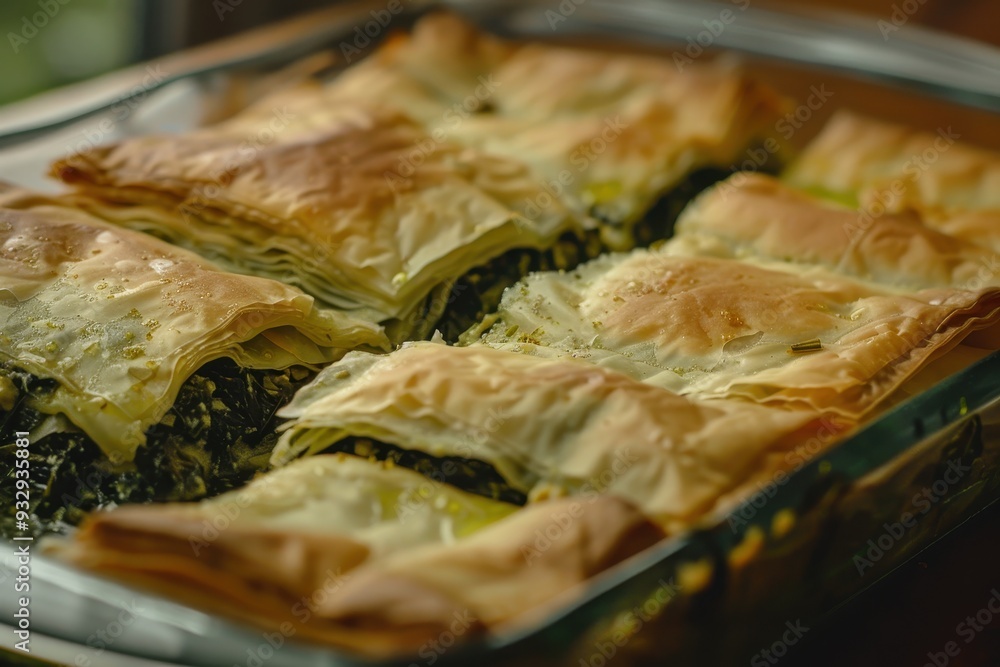 Traditional Greek dish made with layers of phyllo dough brushed with ...