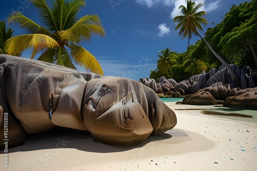 Rock Formations and Palm Trees, Anse Source d´Argent, La Digue, Seychelles Generative AI photo