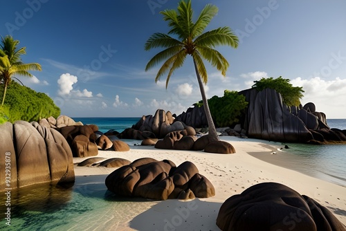 Rock Formations and Palm Trees, Anse Source d´Argent, La Digue, Seychelles Generative AI photo