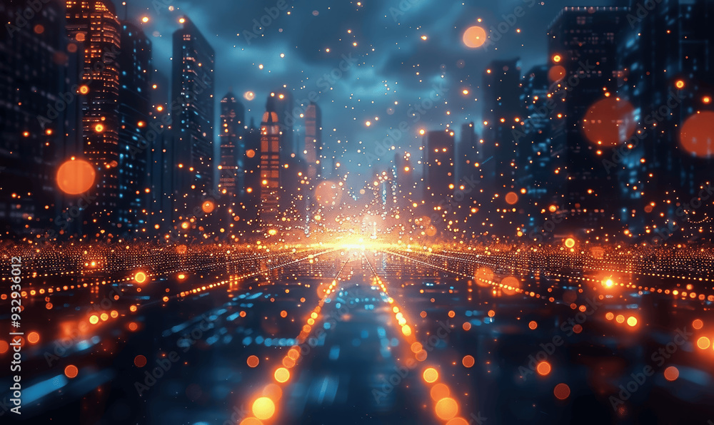 Obraz premium Futuristic Cityscape At Night With Glowing Orange And Blue Lights Representing Data Points In A Digital High Tech Atmosphere