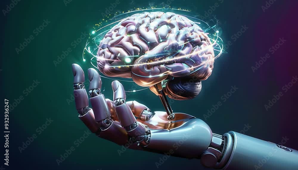 Robotic Hand Holding a Human Brain Surrounded by a Glowing Halo, Set ...