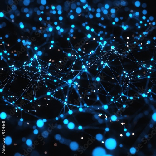 Abstract Blue and Black Network Background with Bokeh Lights.