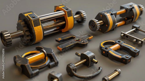 3D render of various industrial clamps, high detail photo