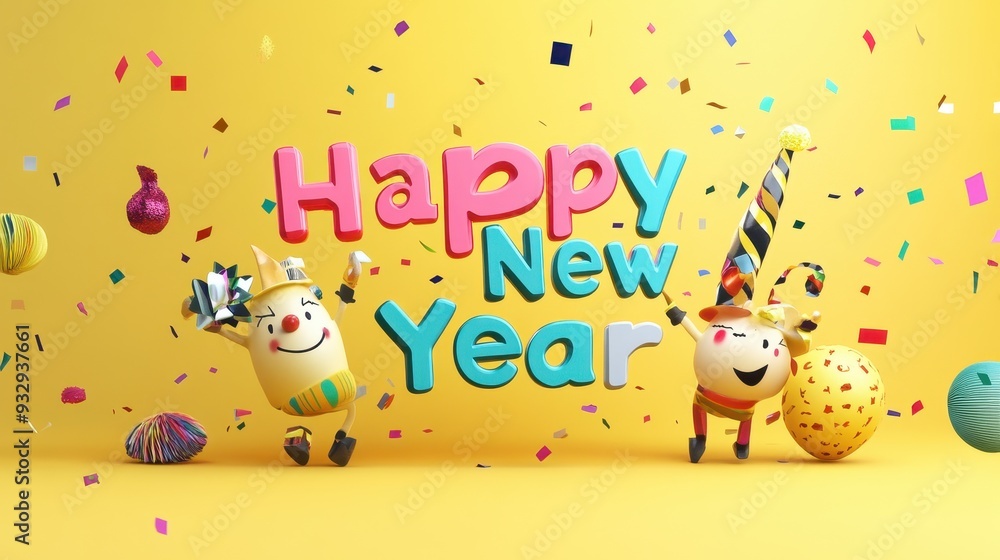 Fototapeta premium 3D Happy New Year Celebration with Confetti and Festive Characters.
