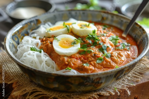 Traditional South Indian and Sri Lankan dish made with rice flour noodles served with egg curry photo