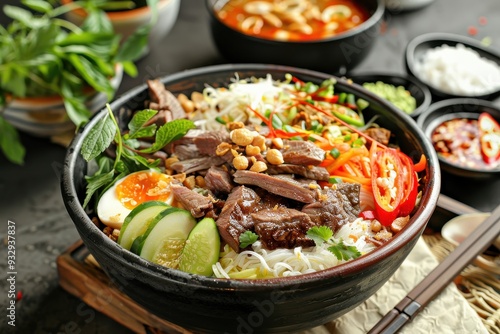 Traditional South Vietnamese noodle dish with beef noodles herbs veggies and fish sauce