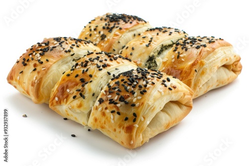 Traditional Turkish borek rolls with spinach cheese and sesame seeds isolated on white background