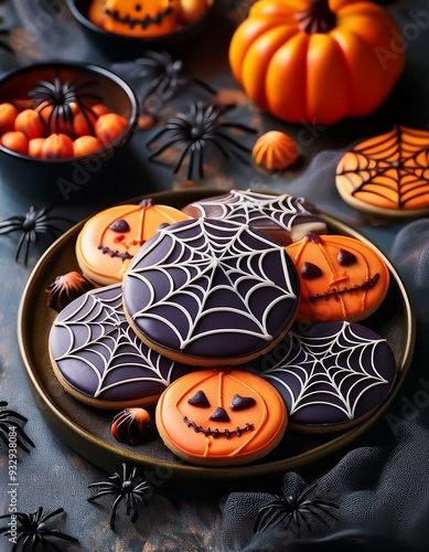 A collection of colorful, decorated Halloween cookies photo