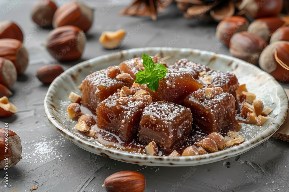 Traditional Turkish chestnut candies Kestane Sekeri and chestnuts on a plate Traditional Turkish chestnut candies Kestane Sekeri and chestnuts on a plate